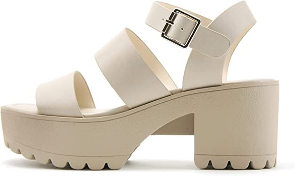 SODA ACCOUNT Women Open Toe Two Bands Lug sole Fashion Block Heel Sandals with Adjustable Ankle Strap
