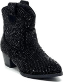 Forever River-01K Girls Rhinestone Cowboy Boots Kids Low Heel Dress Booties