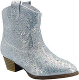 Forever River-01K Girls Rhinestone Cowboy Boots Kids Low Heel Dress Booties