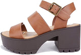 SODA ACCOUNT Women Open Toe Two Bands Lug sole Fashion Block Heel Sandals with Adjustable Ankle Strap