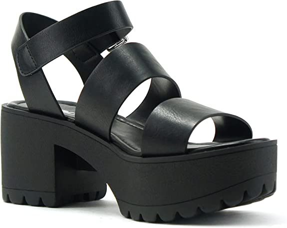 SODA ACCOUNT Women Open Toe Two Bands Lug sole Fashion Block Heel Sandals with Adjustable Ankle Strap