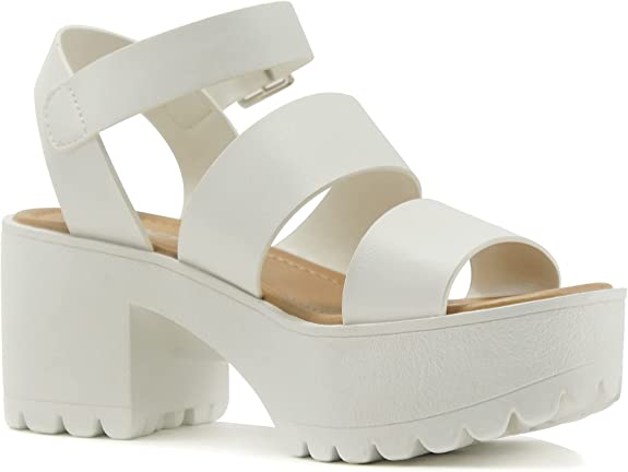 SODA ACCOUNT Women Open Toe Two Bands Lug sole Fashion Block Heel Sandals with Adjustable Ankle Strap