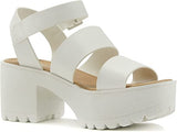 SODA ACCOUNT Women Open Toe Two Bands Lug sole Fashion Block Heel Sandals with Adjustable Ankle Strap